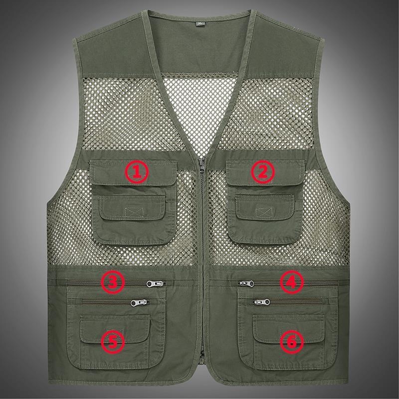 Férfi pamut mellény lyukasztott mintával, vékony nyári viselet, sok zseb, áteresztő hálós anyag, V-nyakú cipzárral