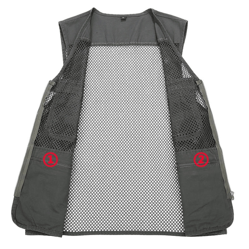 Férfi pamut mellény lyukasztott mintával, vékony nyári viselet, sok zseb, áteresztő hálós anyag, V-nyakú cipzárral