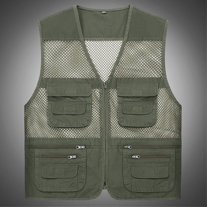 Férfi pamut mellény lyukasztott mintával, vékony nyári viselet, sok zseb, áteresztő hálós anyag, V-nyakú cipzárral