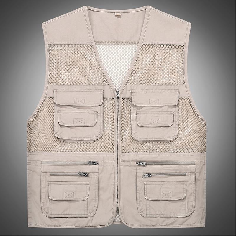 Férfi pamut mellény lyukasztott mintával, vékony nyári viselet, sok zseb, áteresztő hálós anyag, V-nyakú cipzárral