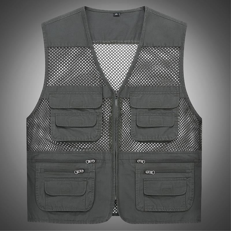 Férfi pamut mellény lyukasztott mintával, vékony nyári viselet, sok zseb, áteresztő hálós anyag, V-nyakú cipzárral