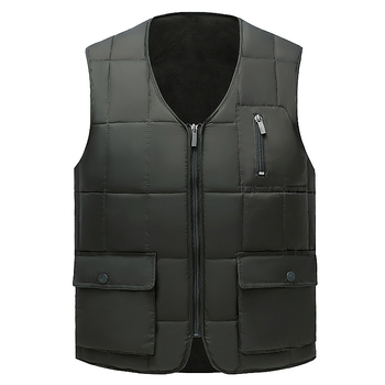 Középkorú és idős férfiaknak szánt pamut mellény, cipzárral, V-nyakú, vastag, több zseb