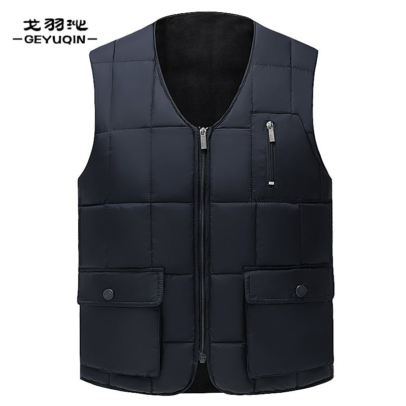 Középkorú és idős férfiaknak szánt pamut mellény, cipzárral, V-nyakú, vastag, több zseb