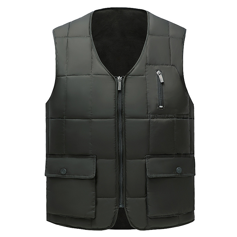 Középkorú és idős férfiaknak szánt pamut mellény, cipzárral, V-nyakú, vastag, több zseb