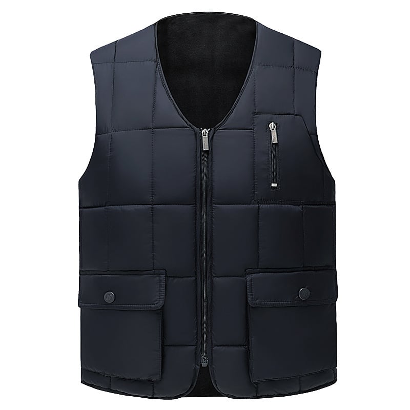 Középkorú és idős férfiaknak szánt pamut mellény, cipzárral, V-nyakú, vastag, több zseb