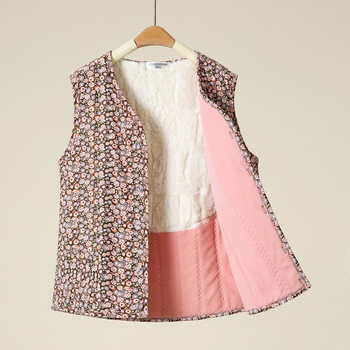 Ženski kardigan prsluk s fleec podstavom, poliester, cvjetni uzorak, V izrez, jednostruki kopčanje, jesen 2023