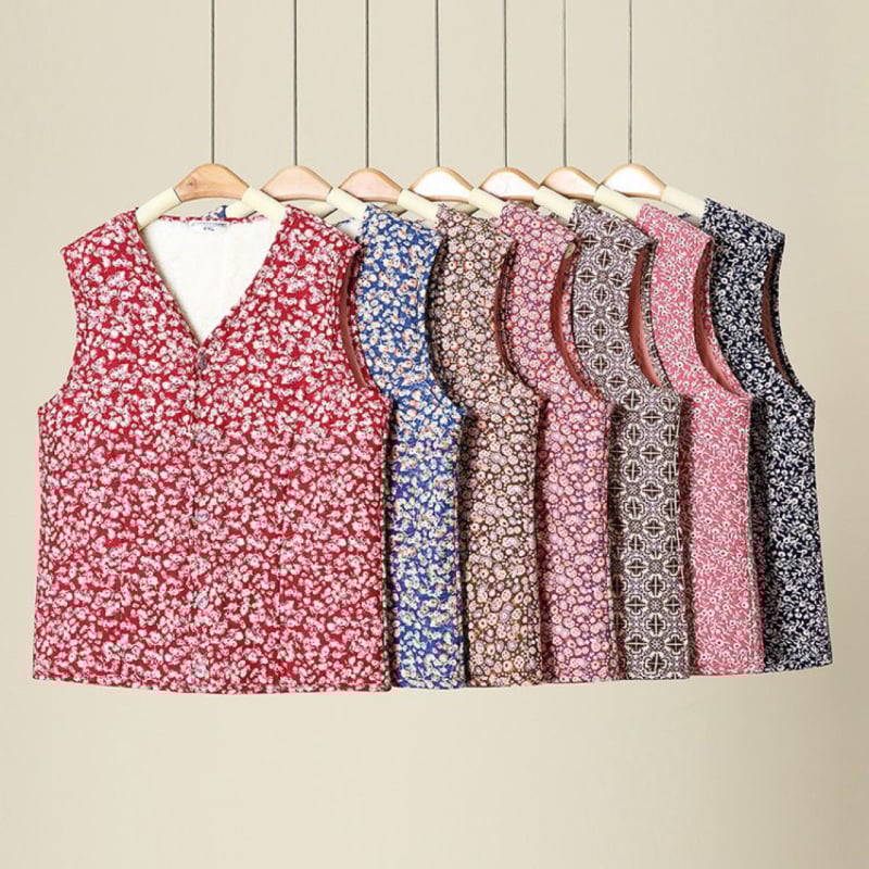 Ženski kardigan prsluk s fleec podstavom, poliester, cvjetni uzorak, V izrez, jednostruki kopčanje, jesen 2023