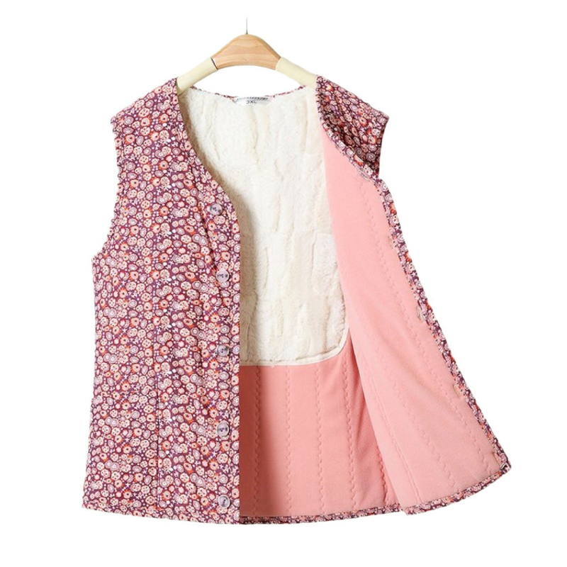 Ženski kardigan prsluk s fleec podstavom, poliester, cvjetni uzorak, V izrez, jednostruki kopčanje, jesen 2023