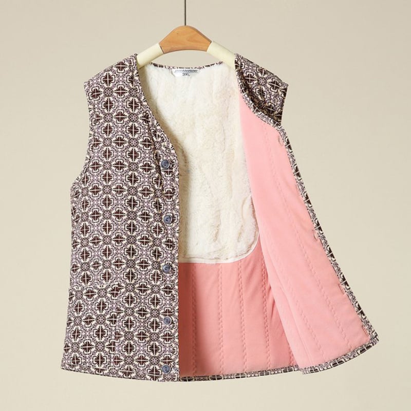 Ženski kardigan prsluk s fleec podstavom, poliester, cvjetni uzorak, V izrez, jednostruki kopčanje, jesen 2023