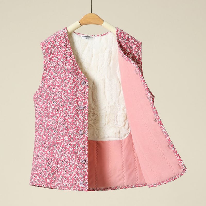 Ženski kardigan prsluk s fleec podstavom, poliester, cvjetni uzorak, V izrez, jednostruki kopčanje, jesen 2023