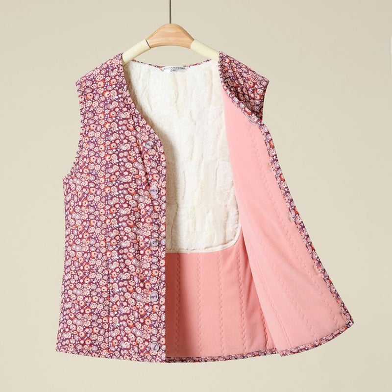 Ženski kardigan prsluk s fleec podstavom, poliester, cvjetni uzorak, V izrez, jednostruki kopčanje, jesen 2023