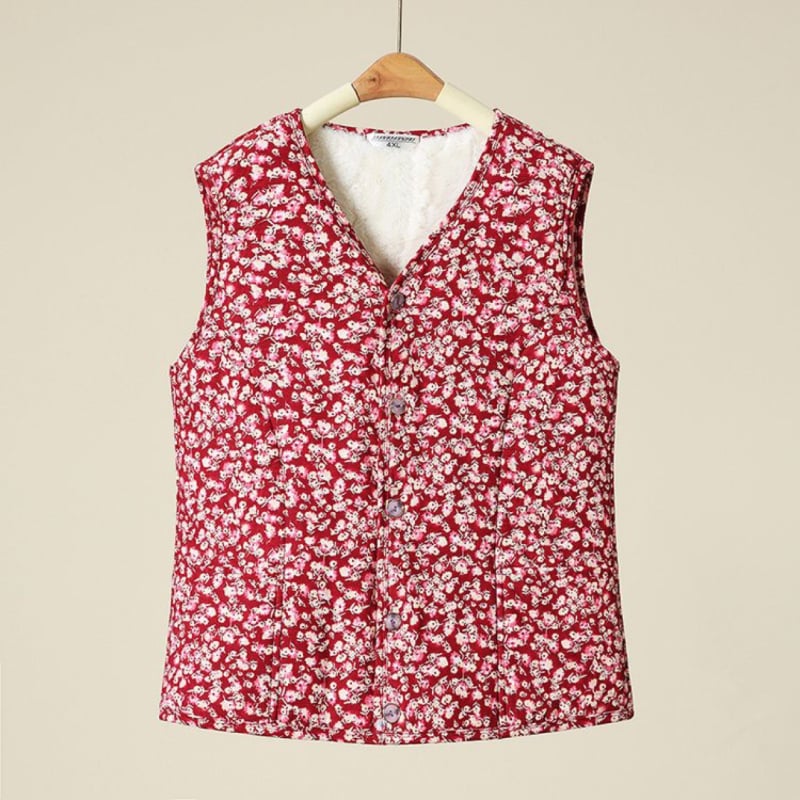 Ženski kardigan prsluk s fleec podstavom, poliester, cvjetni uzorak, V izrez, jednostruki kopčanje, jesen 2023