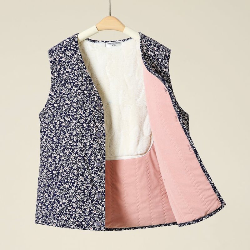 Ženski kardigan prsluk s fleec podstavom, poliester, cvjetni uzorak, V izrez, jednostruki kopčanje, jesen 2023