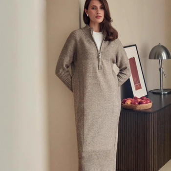 rochie tricotată cu fermoar pe jumătate, guler deschis pe jumătate, talie înaltă, mâneci lungi, cașmir artificial