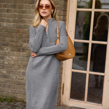 rochie tricotată cu fermoar pe jumătate, guler deschis pe jumătate, talie înaltă, mâneci lungi, cașmir artificial