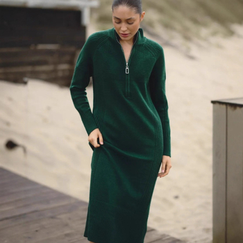 rochie tricotată cu fermoar pe jumătate, guler deschis pe jumătate, talie înaltă, mâneci lungi, cașmir artificial