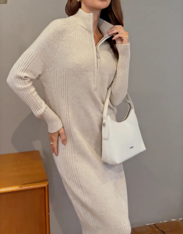 rochie tricotată cu fermoar pe jumătate, guler deschis pe jumătate, talie înaltă, mâneci lungi, cașmir artificial