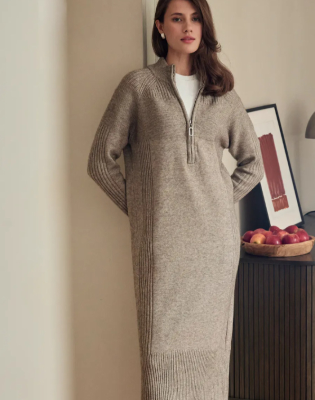 rochie tricotată cu fermoar pe jumătate, guler deschis pe jumătate, talie înaltă, mâneci lungi, cașmir artificial