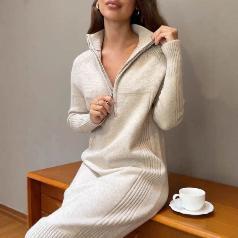 rochie tricotată cu fermoar pe jumătate, guler deschis pe jumătate, talie înaltă, mâneci lungi, cașmir artificial