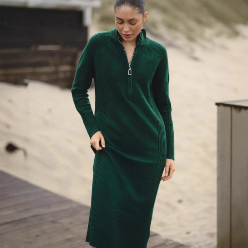 rochie tricotată cu fermoar pe jumătate, guler deschis pe jumătate, talie înaltă, mâneci lungi, cașmir artificial