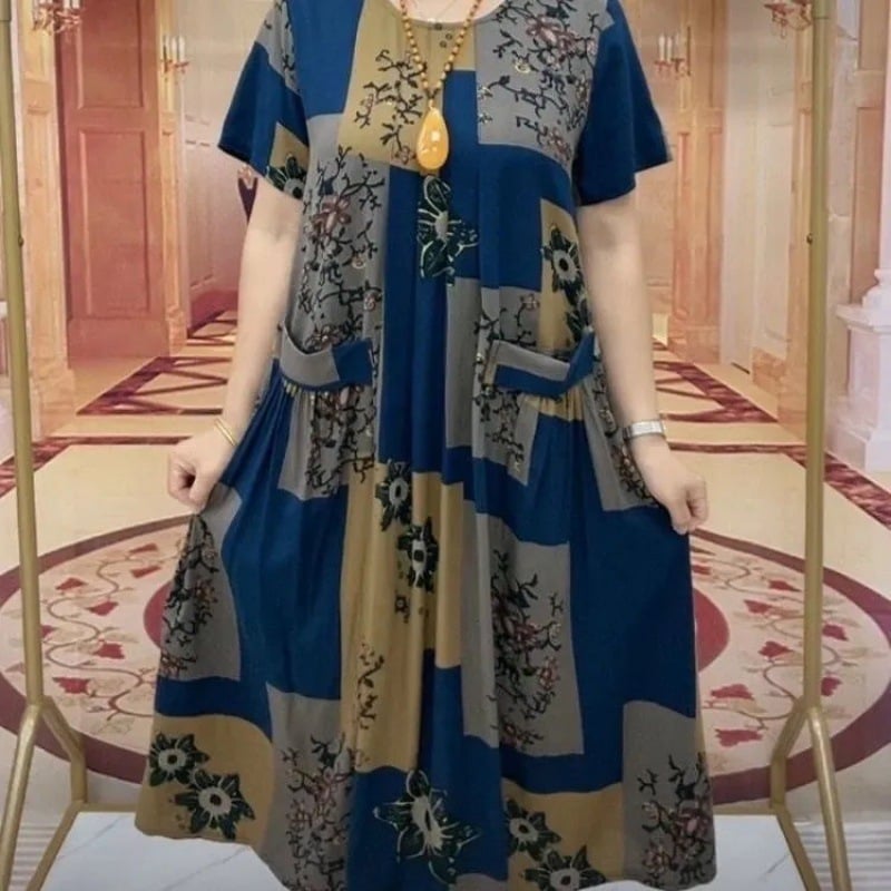 Rochie midi în A-line, guler rotund, mâneci scurte, model geometric, poliester