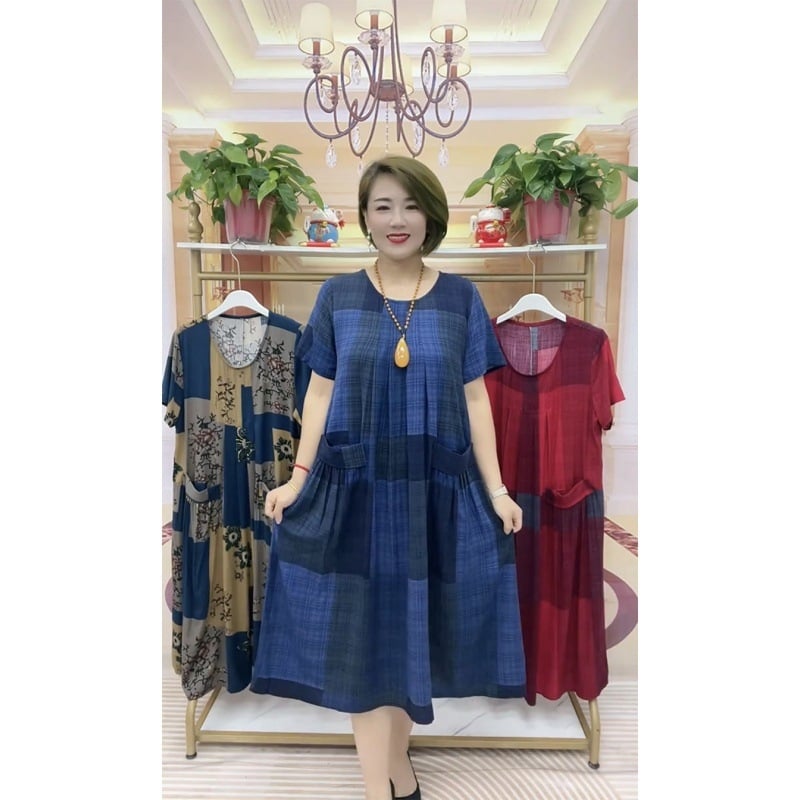 Rochie midi în A-line, guler rotund, mâneci scurte, model geometric, poliester