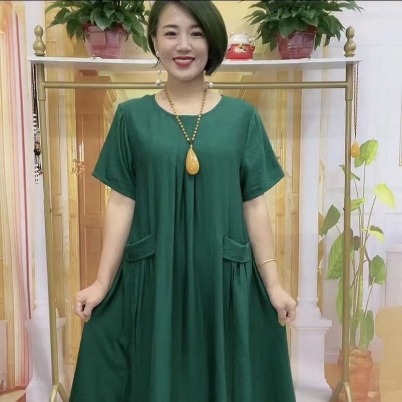 Rochie midi în A-line, guler rotund, mâneci scurte, model geometric, poliester