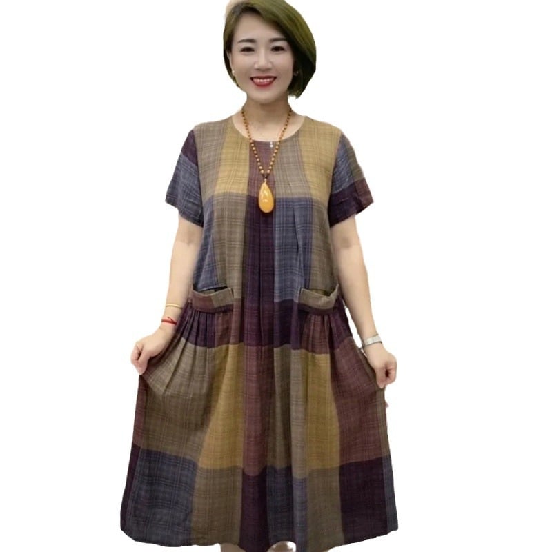 Rochie midi în A-line, guler rotund, mâneci scurte, model geometric, poliester