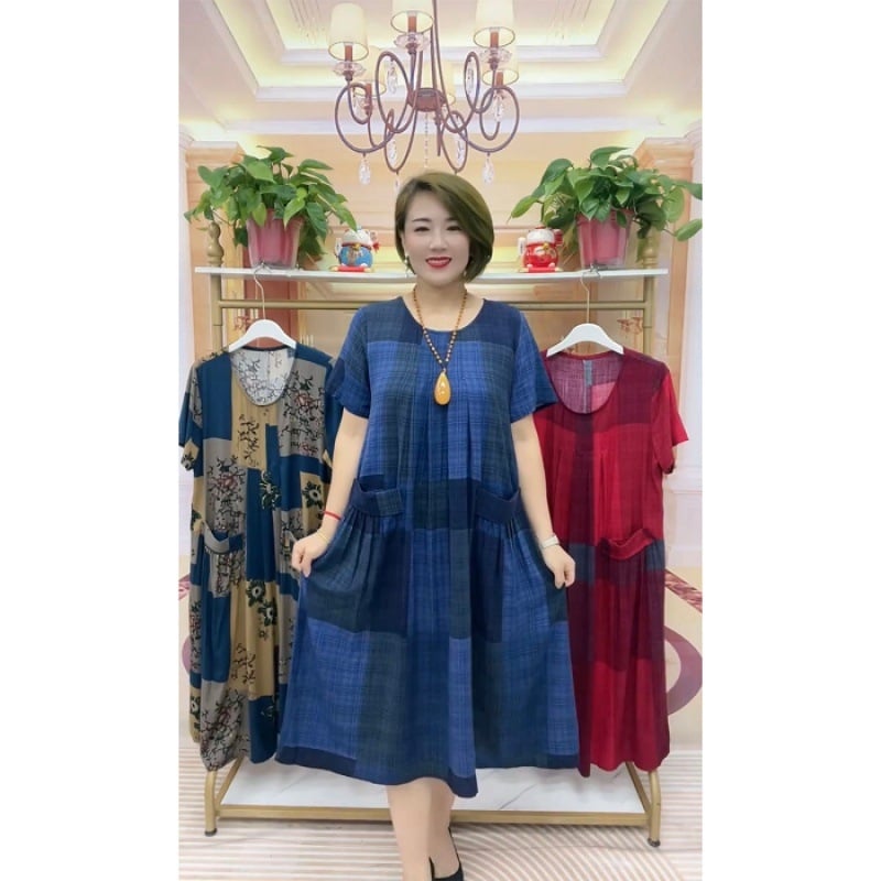 Rochie midi în A-line, guler rotund, mâneci scurte, model geometric, poliester