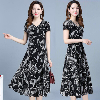 Rochie floral din poliester, decolteu în V, mâneci scurte, croială în A, midi, stil pulover, elegant, Vara 2025