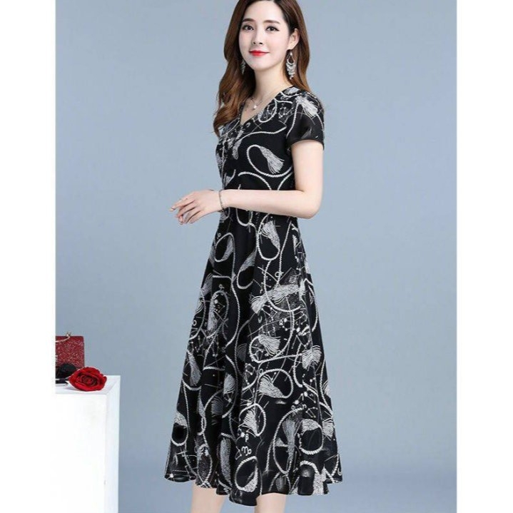 Rochie floral din poliester, decolteu în V, mâneci scurte, croială în A, midi, stil pulover, elegant, Vara 2025