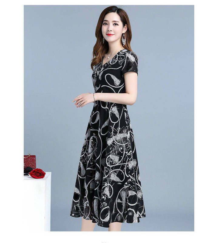 Rochie floral din poliester, decolteu în V, mâneci scurte, croială în A, midi, stil pulover, elegant, Vara 2025