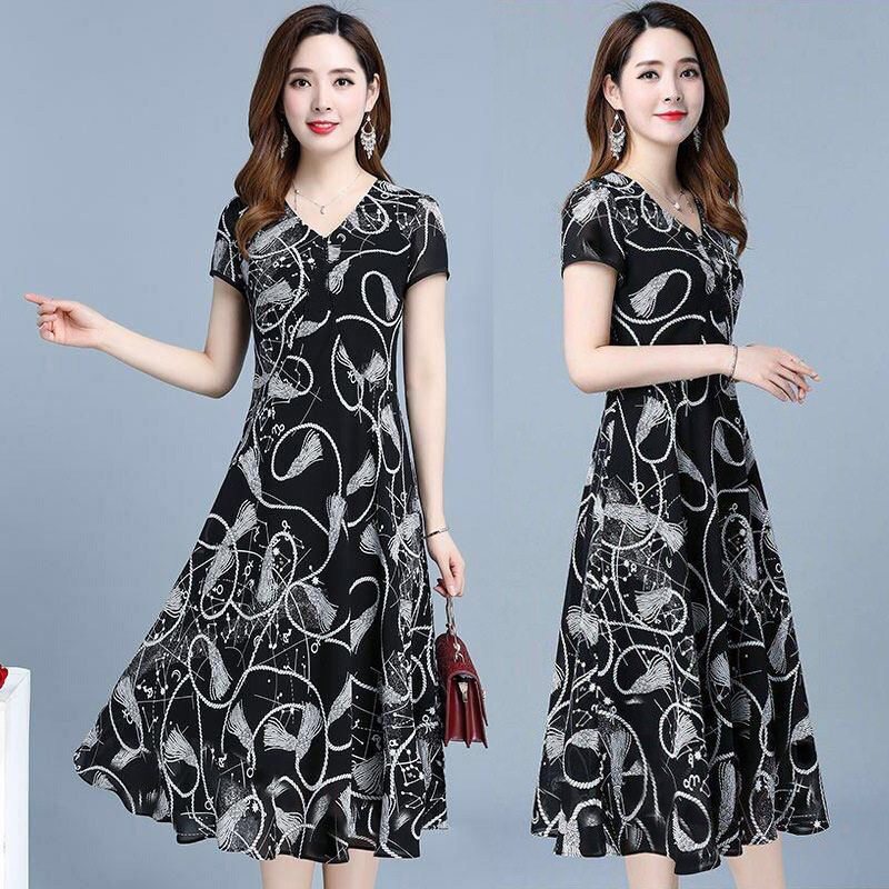 Rochie floral din poliester, decolteu în V, mâneci scurte, croială în A, midi, stil pulover, elegant, Vara 2025