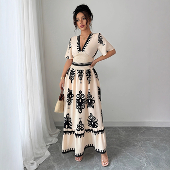 Rochie lungă în A-line, din tricot, cu imprimeu, decolteu în V