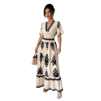 Rochie lungă în A-line, din tricot, cu imprimeu, decolteu în V