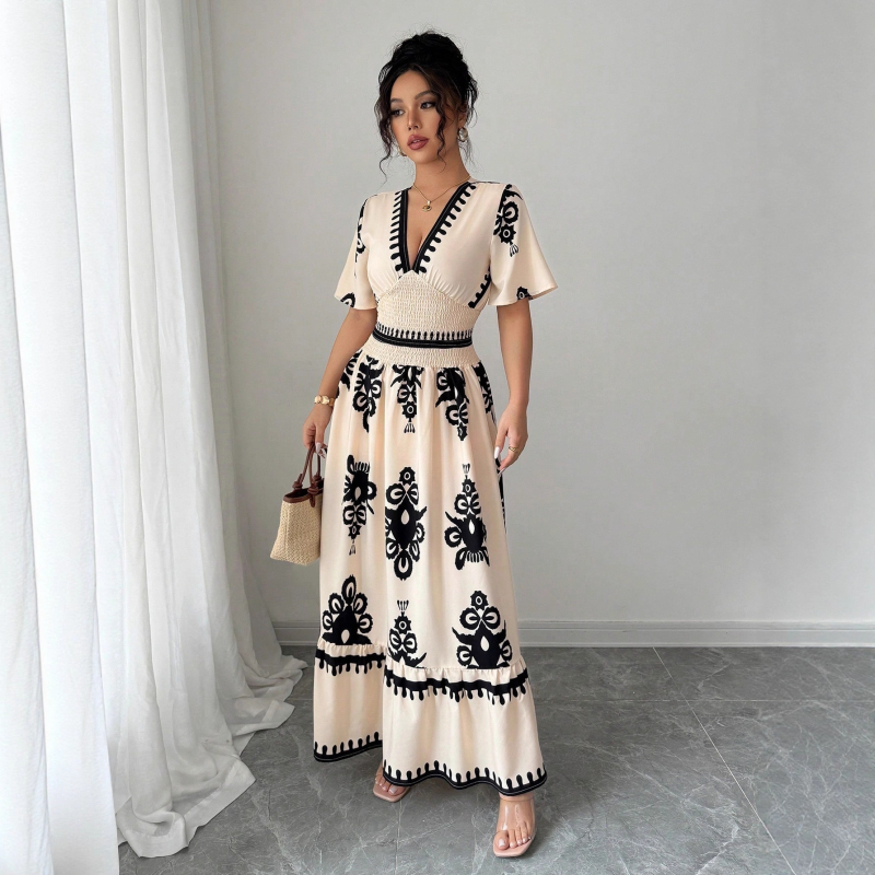 Rochie lungă în A-line, din tricot, cu imprimeu, decolteu în V