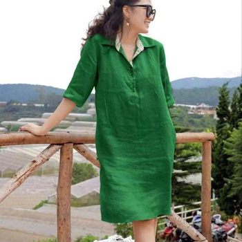 rochie midi pentru femei cu decolteu în V, croi în A, talie lejeră, mâneci semi-lungi, din bumbac și in.