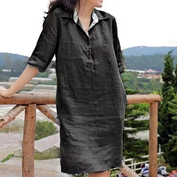 rochie midi pentru femei cu decolteu în V, croi în A, talie lejeră, mâneci semi-lungi, din bumbac și in.