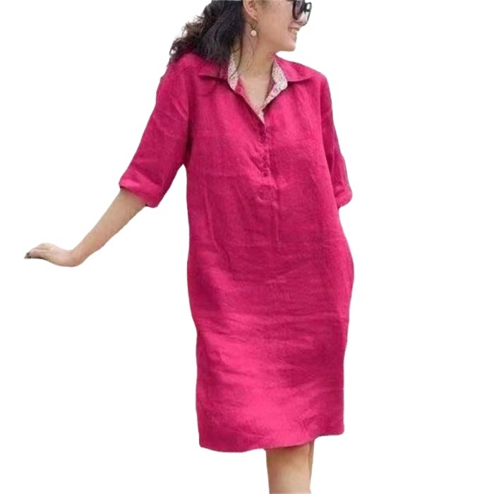 rochie midi pentru femei cu decolteu în V, croi în A, talie lejeră, mâneci semi-lungi, din bumbac și in.