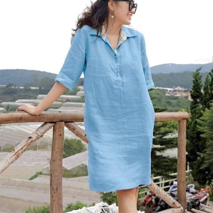 rochie midi pentru femei cu decolteu în V, croi în A, talie lejeră, mâneci semi-lungi, din bumbac și in.