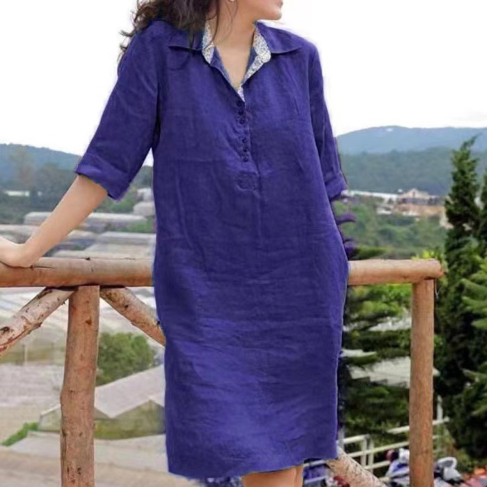 rochie midi pentru femei cu decolteu în V, croi în A, talie lejeră, mâneci semi-lungi, din bumbac și in.