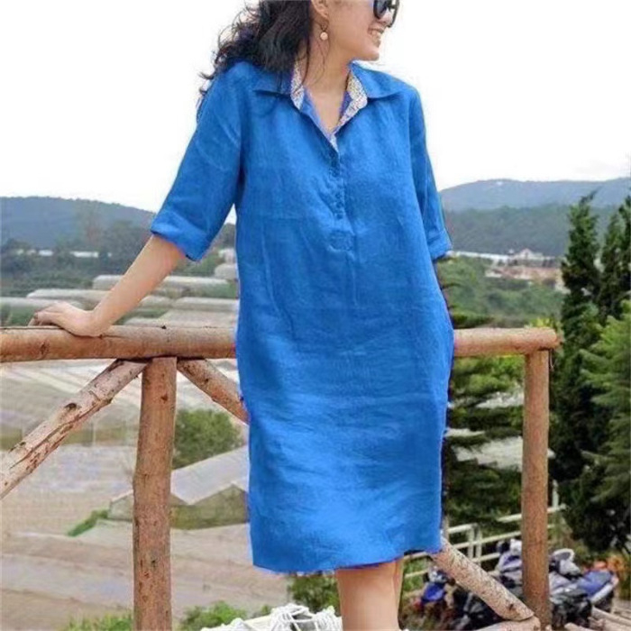 rochie midi pentru femei cu decolteu în V, croi în A, talie lejeră, mâneci semi-lungi, din bumbac și in.