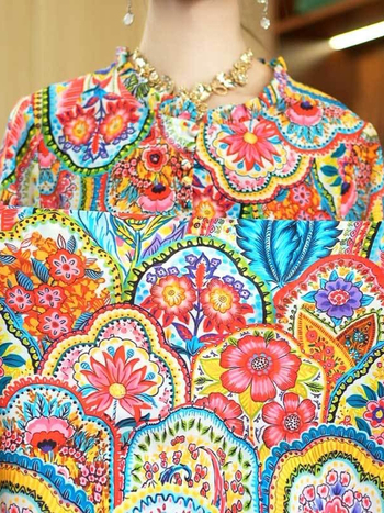 Rochie imprimată din Crepe de Chine, mâneci 3/4, lungă, tie-dye, elegantă pentru femei mature