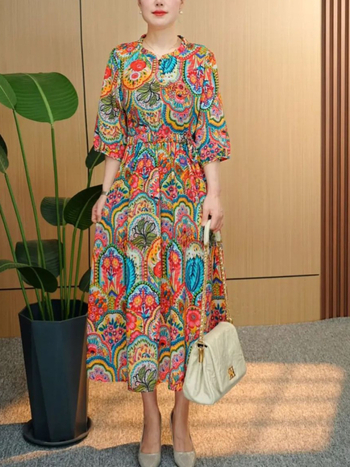 Rochie imprimată din Crepe de Chine, mâneci 3/4, lungă, tie-dye, elegantă pentru femei mature