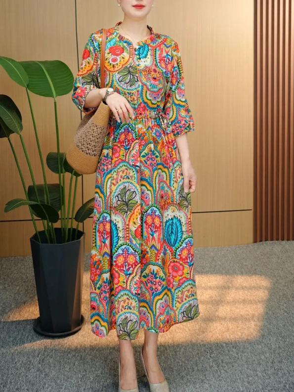 Rochie imprimată din Crepe de Chine, mâneci 3/4, lungă, tie-dye, elegantă pentru femei mature