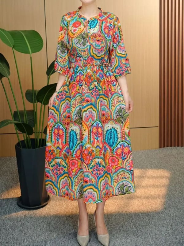 Rochie imprimată din Crepe de Chine, mâneci 3/4, lungă, tie-dye, elegantă pentru femei mature