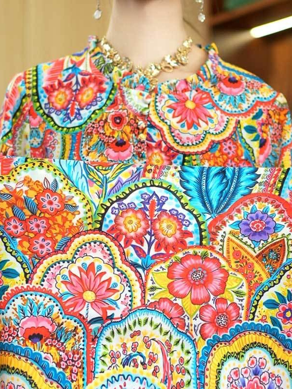 Rochie imprimată din Crepe de Chine, mâneci 3/4, lungă, tie-dye, elegantă pentru femei mature