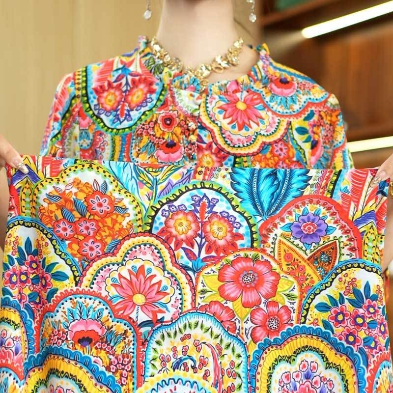 Rochie imprimată din Crepe de Chine, mâneci 3/4, lungă, tie-dye, elegantă pentru femei mature