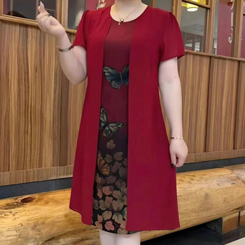 Rochie A-line din poliester, mâneci scurte, imprimeu animal, iluzie de două piese