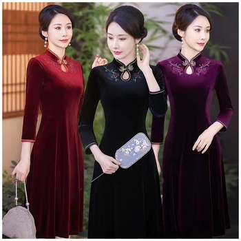 Rochie în stil cheongsam, poliester, midi în linie A, guler stand, mâneci 3/4